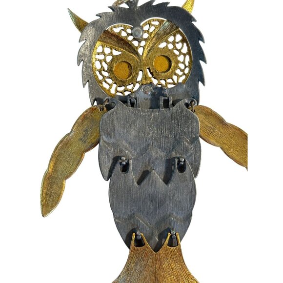 Vintage Owl Pendant Articulated Gold Silver Tone Amber Eyes Retro - Picture 9 of 9